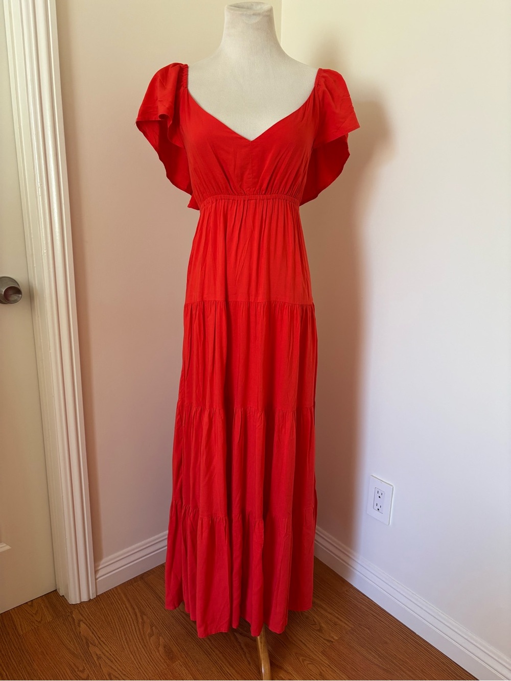 Lusana Red Maxi Dress with Flutter Sleeves